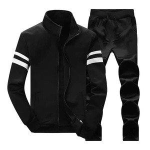 <b>Men's</b> Black Solid 2 in 1 Tracksuit Set Hooded <b>Zip</b> Jacket with Stripe Sleeves and Drawstring <b>Jogger</b> Pants - Product Image 1