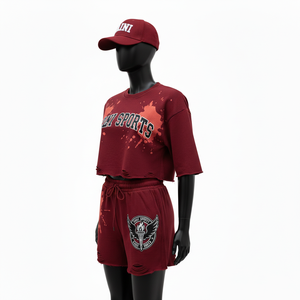 Conjunto de Top Corto y Pantalones Cortos para Mujer, Felpa de Algodón Grueso de 280 GSM, Color Granate Suave, Estampado Desgastado, Logotipo Bordado - Product Image 4