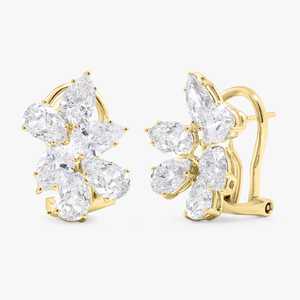 Diamond Cluster Earrings 14K Solid Gold Wholesale French <b>Clip</b> Pear Cut Lab Grown Classic Luxury Elegant Bridal Fine Jewelry Pair - Product Image 1