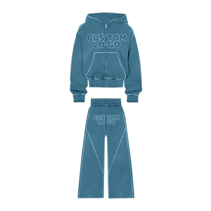 Al por mayor, Conjuntos de chándal de felpa 100% algodón con bordado desgastado y efecto lavado ácido, Pantalones de chándal acampanados para invierno, Chándal con pedrería - Product Image 3