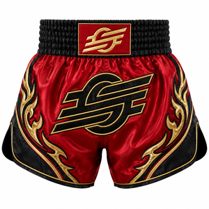 Pantalones Cortos Rojos de MMA con Diseño de Llama Dorada, Logotipo Negro Estampado en la Parte Delantera, Unisex, Corte Regular, Poliéster Elástico, Duraderos, de Secado Rápido, para Adultos, Combate - Product Image 1