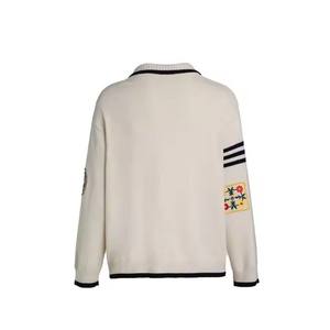 Cardigan en tricot pour femme, style universitaire, col rond, boutons sur le devant, manches longues, patchwork brodé, 100% coton, automne-hiver - Product Image 3