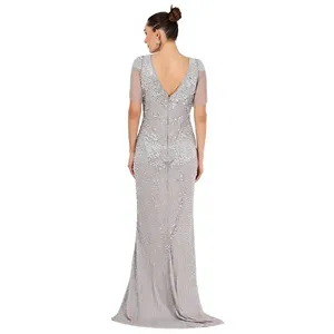 Vestido de Noche Sirena de Lujo con Cuentas Plateadas, Elegante, Personalizado, con Cuello en V, Manga Corta, Largo hasta el Suelo, Venta al por Mayor - Product Image 6