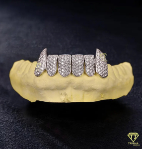 Grillz Personalizados de Plata con Moissanita VVS, Chapados en Oro Blanco, Estilo Fang, Totalmente Cubiertos de Piedras, Kit de Moldeo Gratuito, Regalo para Él - Product Image 1