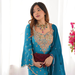 Conjunto de Kurti y Plazzo de Seda Simar de Lujo con Bordado y Dupatta de Georgette |   Ropa Étnica Completamente Cosida para Mujer - Product Image 1