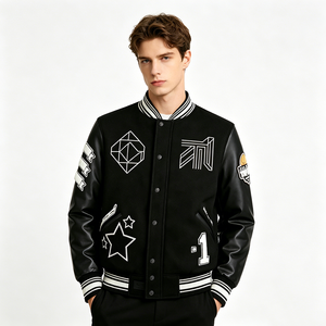 Blouson Bomber Oversize Homme Personnalisé en Mélange de Laine avec Broderies, Bordures Côtelées Rayées et Manches en Similicuir – Style Streetwear - Product Image 6