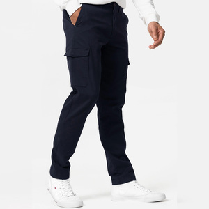 Pantalon cargo homme bleu marine coupe droite multi-poches en coton style décontracté mi-lourd taille élastique braguette boutonnée - Product Image 4