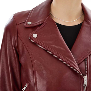Chaqueta de Motociclista para Mujer, de Cuero Genuino, Impermeable y Resistente al Viento, Color Borgoña, Cierre Asimétrico, Cuello Camisero, Logotipo Personalizado OEM - Product Image 6