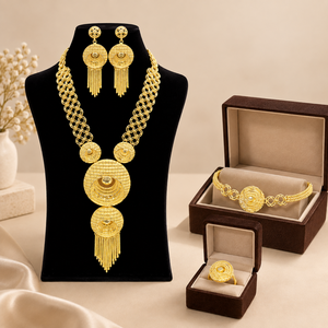 Conjunto de Collar Largo Nupcial Indio Regal para Mujer, Chapado en Oro de 24K, con Pendientes, Pulsera y Anillo de Cobre y Latón, Joyería para Regalo de Boda o Compromiso - Product Image 1