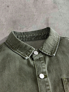 <b>Mens</b> <b>Denim</b> <b>Shirt</b> Washed Olive Graphic Print Short Sleeve Boxy Collegiate Streetwear Vintage Button Front - Product Image 3