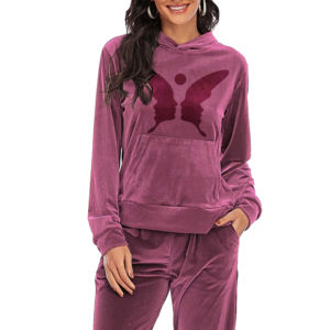 Ensemble de survêtement en velours rose pour femmes, 2 pièces, avec logo brodé personnalisé en strass, pantalon et sweat à capuche en velours - Product Image 5