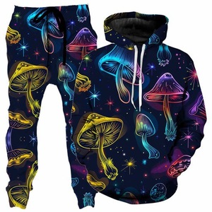 Ensemble de survêtement unisexe à sublimation motif champignon psychédélique, comprenant un sweat à capuche et un pantalon de jogging décontracté à cordon de serrage pleine longueur - Product Image 1