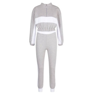 Ensemble de survêtement gris pour femme avec blocs de couleur, coupe ample à manches longues, pantalon de jogging décontracté avec poches latérales, idéal pour l'automne - Product Image 2