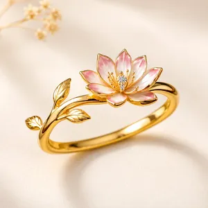 Elegant Lotus Flower <b>Ring</b> for Women Gold Plated <b>Adjustable</b> Floral <b>Ring</b> Designer Fashion Jewelry Gift for Her - Product Image 1
