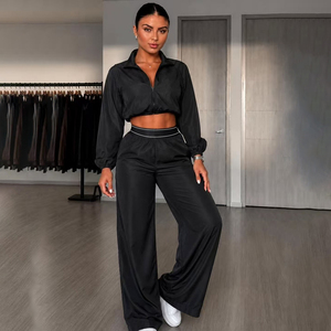 Ensemble de survêtement 2 pièces pour femme, haut à manches courtes semi-zippé, pantalon large, couleur unie, coupe décontractée, respirant et léger - Product Image 2