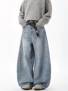 Men's Streetwear Straight Leg Baggy Denim <b>Trousers</b> | Oversized <b>Light</b> Wash Blue Jeans | Comfortable Everyday Casual Pants - Product Image 3