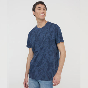 เสื้อยืดคอกลมแขนสั้นพิมพ์ลายทรอปิคอลสีน้ำเงินสำหรับผู้ชาย ทรงปกติ ผ้าฝ้ายเจอร์ซีย์ สวมใส่สบายๆ - Product Image 3