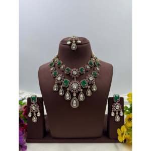 Indian Ethnic Gold Plated <b>Bridal</b> Moissanite <b>Necklace</b> & <b>Earring</b> <b>Set</b> - Product Image 2