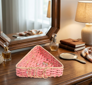 Panier de rangement triangulaire en rotin écoresponsable fait main, tressage rose glacé, cadre en fer, bordures décoratives couleur crème de tapioca - Product Image 3
