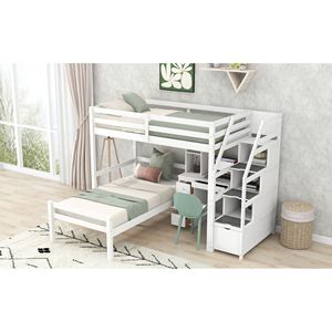 Letto a soppalco singolo bianco con letto indipendente, scala contenitore, scrivania, scaffali e cassetti - Product Image 4