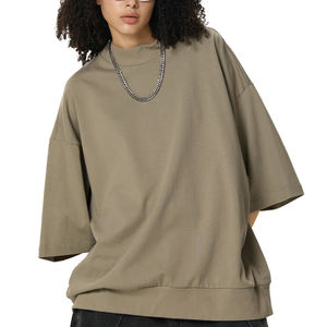 Camiseta Oversize de Mujer con Cuello Alto Estampado Personalizado, Cuello Acanalado Grueso, Ajuste Holgado Cuadrado, Manga Corta, Estilo Urbano - Product Image 3