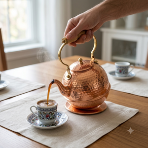 Bouilloire à thé ronde en cuivre martelé pour cuisinière, avec poignée vintage en laiton et manche en bois, théière turque, ustensile de cuisine, vaisselle à thé - Product Image 4