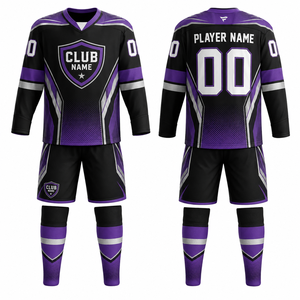 Ensemble de maillot de hockey sur glace personnalisé MEGAMAPLE, vêtements de sport pour hommes, noir et violet, 100% polyester, impression par transfert thermique, gants d'opéra - Product Image 1
