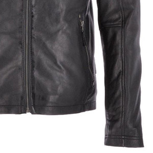 Blouson Bomber en Cuir de Vachette Noir Écologique pour Homme, Col Rabattu, Fermeture Éclair, Manches à Rayures Rouges, Style Moto Biker - Product Image 4