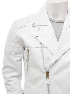 Veste de motard en cuir blanc pour homme - Product Image 3