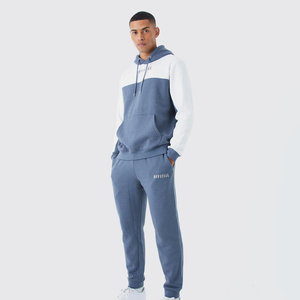 Ensemble de survêtement décontracté pour homme, imprimé bleu et blanc, avec sweat à capuche et pantalon, coupe droite longue, idéal pour l'automne, 100% coton - Product Image 1