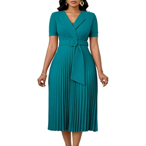 Robe midi plissée à col en V et manches courtes, ceinturée, coupe trapèze, pour femme, idéale pour le bureau - Product Image 1