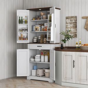 Armadio da Cucina Bianco Alto 180 cm con 6 Ripiani Regolabili e 2 Ante Scorrevoli, Dispensa Stile Rustico con Cassetto - Product Image 2