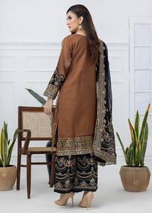 Robe de soirée et de mariage longue en nylon sergé marron brodé avec dupatta noir pour femme, infroissable et anti-UV - Product Image 3