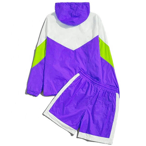 Ensemble short et veste à capuche color block pour femme, violet, vert, blanc, sportif, respirant, polyester tissé, 2 pièces, printemps-été - Product Image 3