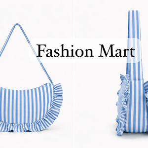 Fashion Striped Canvas Shoulder Bag for Women Ruffle Trim Tote Lightweight Casual Handbag - Product Image 1