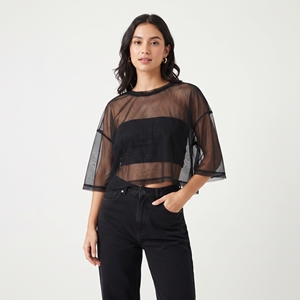 Crop top transparent en maille pour femme, col rond, épaules tombantes, sexy, 100% polyester, séchage rapide - Product Image 6