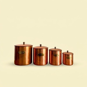 Vintage Copper Canister Set with Brass <b>Labels</b> Farmhouse Kitchen Storage Jars for Sugar Coffee and Tea Metal Food Containers - Product Image 1