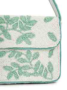 Beaded Women's <b>Shoulder</b> Bag Embroidered Leaf Pattern Bohemian Style Summer Handbag Single <b>Strap</b> White with Green Trim - Product Image 2