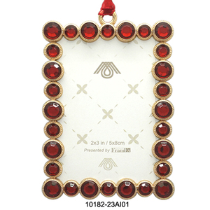 Luxury Rectangle Metal <b>Christmas</b> Ornament with Red Gemstones 2x3 in Handcrafted Indoor Decor - Product Image 1