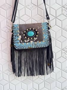 Elegante bolso de piel de vaca Real con flecos piedra turquesa multiusos Sling Gypsy Boho diseño Vintage hecho a mano nuevo botón borla - Product Image 2