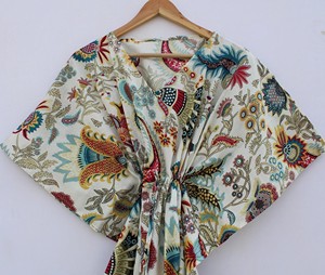 Kaftan <b>Robe</b> <b>Women</b> 100% Cotton Floral Animal Print V Neck Wrap Dress Breathable Quick-<b>Dry</b> Short Sleeve Beach Holiday Loungewear - Product Image 1