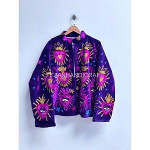 Blazer en velours brodé pour femme, motif cœur violet, col rabattu, manches longues, vêtement d'automne - Product Image 2