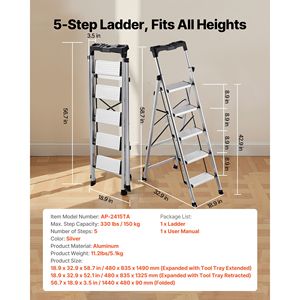 Portable Aluminum 5-<b>Step</b> Ladder with Comfort Handgrip Folding Wide Anti-Slip Pedal 330 Lbs Capacity for Attic and <b>Gym</b> Use - Product Image 2