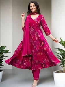 <b>Women</b> Floral Printed Silk Blend Quick Dry <b>Kurta</b> Set Trousers Dupatta V Neck Regular Fit Knee-Length Traditional Indian Pakistani - Product Image 1