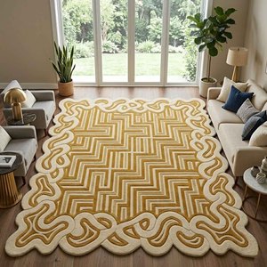 Tapis géométrique moderne crème et or, tufté, rectangulaire, antidérapant, en laine, pour salon, tapis moelleux et doux, décoration intérieure - Product Image 5