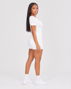 Dress to Impress Casual Skinny One Piece Seam Detail Short Sleeve <b>Unitard</b> <b>Romper</b> Bodycon Dress Spandex/Cotton Stretch - Product Image 4