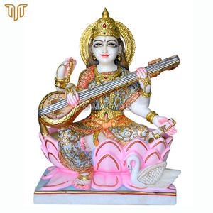 Murti de Mármol de Saraswati con Veena y Cisne |   Estatua de la Diosa Saraswati en Mármol Hecha a Mano para Templo, Hogar y Decoración Espiritual - Product Image 2