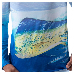 เสื้อตกปลาแขนยาวผู้ชายขายส่ง พิมพ์ลายปลาดอร์โด้ ป้องกันรังสียูวี UPF 50 ผลิตจากโพลีเอสเตอร์ สำหรับกิจกรรมกลางแจ้ง เป็นมิตรกับสิ่งแวดล้อม - Product Image 5