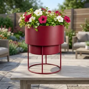 Macetero Metálico Color Borgoña con Soporte, Maceta Cilíndrica Moderna de Lujo para Interiores y Exteriores, Decoración para Hogar, Jardín y Escaleras - Product Image 6