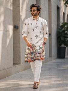 AARIKA TEXTILE Luxury Pure Silk Quick Dry <b>Kurta</b> Set Heavy Crochet Sequence Work Digital Print Traditional Festive Wedding <b>Mens</b> - Product Image 1